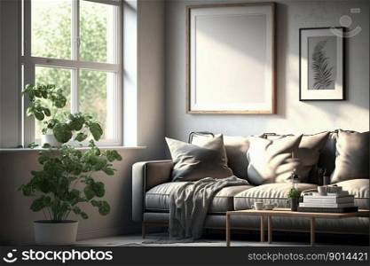 Empty Frame in a cozy modern living room , living room with contemporary beige cloth couch , Generative Ai
