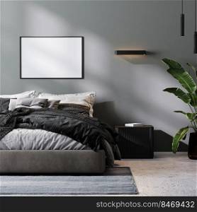 empty frame mock up in modern bedroom interior in gray tones, 3d rendering