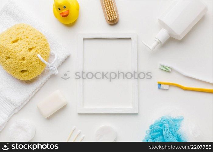 empty frame surrounded by bath products