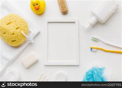 empty frame surrounded by bath products