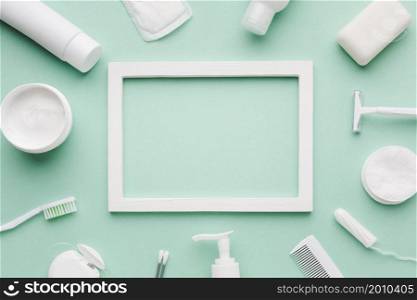 empty frame surrounded by hygiene products
