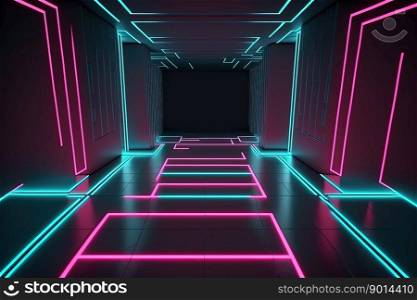 empty futuristic room illuminated by neon tube lights in blue and pink. empty futuristic room illuminated by neon tube light - generative AI