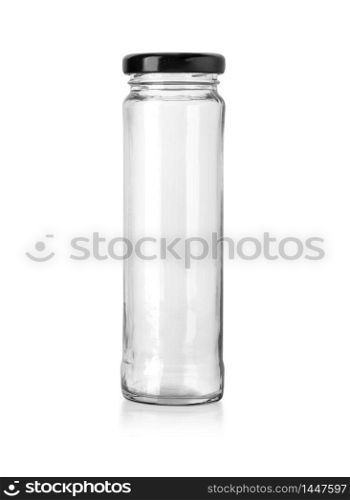 Empty glass jar and black cap in front view isolated on white background. Clipping path.