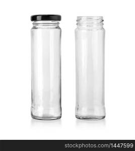 Empty glass jar and black cap in front view isolated on white background. Clipping path.