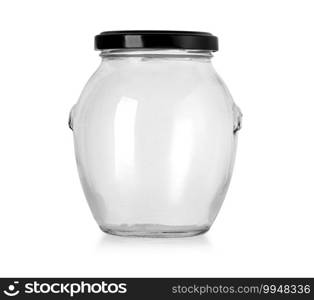 empty glass jar for food and canned food isolated on white with clipping path