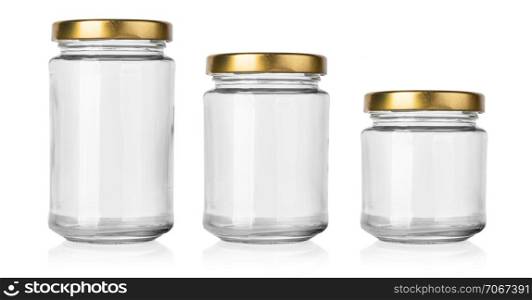 empty glass jar isolated on white with background with golden lid