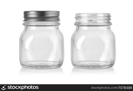 empty glass jar with metal lid isolated on white background w