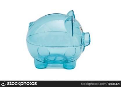 Empty glass piggy bank isolated on white