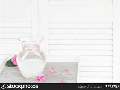 Empty glass vase in aparment. Empty glass vase in aparment on wooden shelf