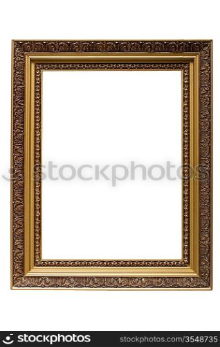 Empty gold plated wooden picture frame isolated on white backround