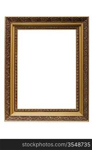 Empty gold plated wooden picture frame isolated on white backround