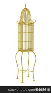 empty golden birdcage isolated on white background