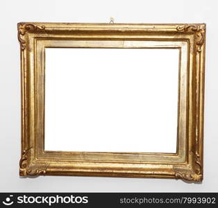 Empty golden old style frame, white wall, copyspace, horizontal image