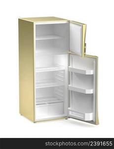 Empty golden refrigerator on white background