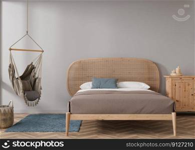 Empty gray wall in modern bedroom. Mock up interior in scandinavian, boho style. Free, copy space for your picture, text, or another design. Bed, rattan basket, hanging armchair. 3D rendering. Empty gray wall in modern bedroom. Mock up interior in scandinavian, boho style. Free, copy space for your picture, text, or another design. Bed, rattan basket, hanging armchair. 3D rendering.