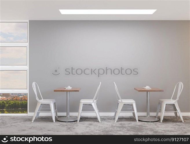 Empty gray wall in modern cafe. Mock up restaurant interior in contemporary style. Free, copy space for your advertising banner, artwork, picture, text, or other design. Empty space. 3D rendering. Empty gray wall in modern cafe. Mock up restaurant interior in contemporary style. Free, copy space for your advertising banner, artwork, picture, text, or other design. Empty space. 3D rendering.