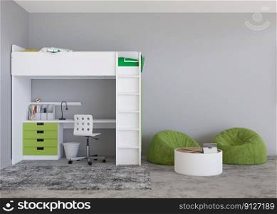Empty gray wall in modern child room. Mock up interior in contemporary, scandinavian style. Copy space for your picture or poster. Bunk bed, desk, toys. Cozy room for kids. 3D rendering. Empty gray wall in modern child room. Mock up interior in contemporary, scandinavian style. Copy space for your picture or poster. Bunk bed, desk, toys. Cozy room for kids. 3D rendering.