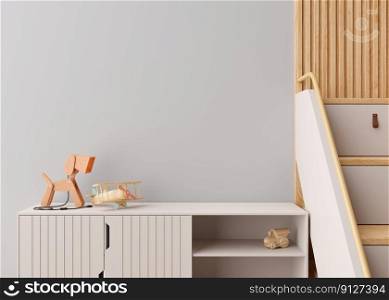 Empty gray wall in modern child room. Mock up interior in contemporary, scandinavian style. Copy space for artwork, picture or poster. Sideboard, toys. Close up view. Cozy room for kids. 3D render. Empty gray wall in modern child room. Mock up interior in contemporary, scandinavian style. Copy space for artwork, picture or poster. Sideboard, toys. Close up view. Cozy room for kids. 3D render.