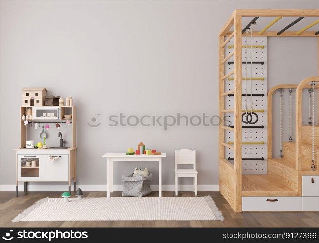 Empty gray wall in modern child room. Mock up interior in contemporary, scandinavian style. Copy space for your artwork, picture or poster. Bed, table with chair, toys. Cozy room for kids. 3D render. Empty gray wall in modern child room. Mock up interior in contemporary, scandinavian style. Copy space for your artwork, picture or poster. Bed, table with chair, toys. Cozy room for kids. 3D render.