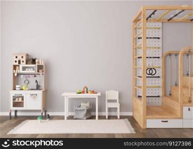Empty gray wall in modern child room. Mock up interior in contemporary, scandinavian style. Copy space for your artwork, picture or poster. Bed, table with chair, toys. Cozy room for kids. 3D render. Empty gray wall in modern child room. Mock up interior in contemporary, scandinavian style. Copy space for your artwork, picture or poster. Bed, table with chair, toys. Cozy room for kids. 3D render.