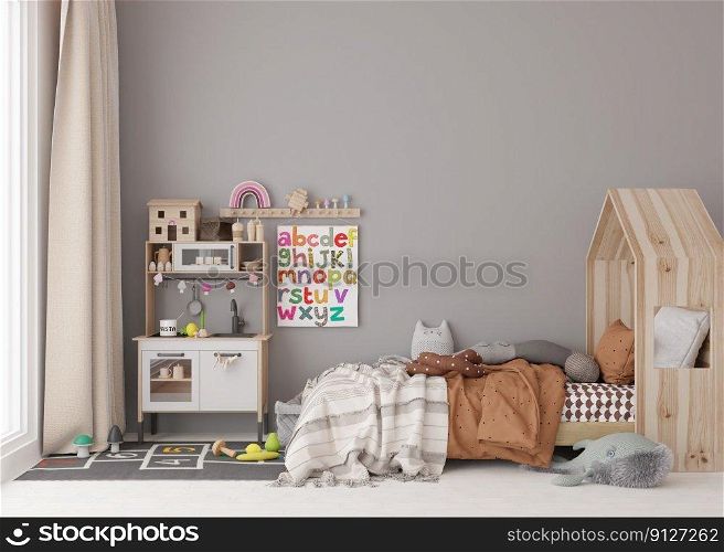 Empty gray wall in modern child room. Mock up interior in scandinavian style. Copy space for your picture or poster. Bed, toys. Cozy room for kids. 3D rendering. Empty gray wall in modern child room. Mock up interior in scandinavian style. Copy space for your picture or poster. Bed, toys. Cozy room for kids. 3D rendering.