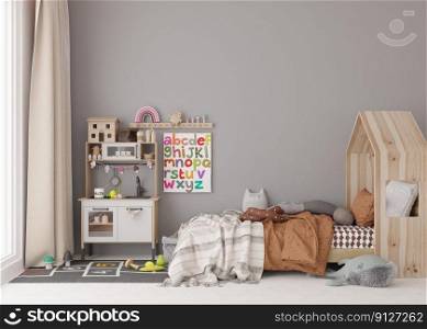 Empty gray wall in modern child room. Mock up interior in scandinavian style. Copy space for your picture or poster. Bed, toys. Cozy room for kids. 3D rendering. Empty gray wall in modern child room. Mock up interior in scandinavian style. Copy space for your picture or poster. Bed, toys. Cozy room for kids. 3D rendering.
