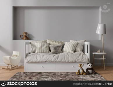 Empty gray wall in modern child room. Mock up interior in scandinavian style. Copy space for your picture or poster. Bed, toys. Cozy room for kids. 3D rendering. Empty gray wall in modern child room. Mock up interior in scandinavian style. Copy space for your picture or poster. Bed, toys. Cozy room for kids. 3D rendering.