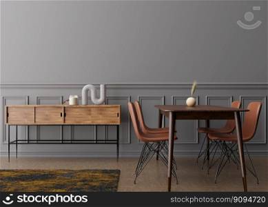 Empty gray wall in modern dining room. Mock up interior in contemporary style. Free space, copy space for your picture, text, or another design. Dining table with chairs, parquet floor. 3D rendering. Empty gray wall in modern dining room. Mock up interior in contemporary style. Free space, copy space for your picture, text, or another design. Dining table with chairs, parquet floor. 3D rendering.
