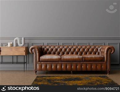 Empty gray wall in modern living room. Mock up interior in contemporary style. Free space, copy space for your picture, text, or another design. Brown leather sofa, parquet floor. 3D rendering. Empty gray wall in modern living room. Mock up interior in contemporary style. Free space, copy space for your picture, text, or another design. Brown leather sofa, parquet floor. 3D rendering.