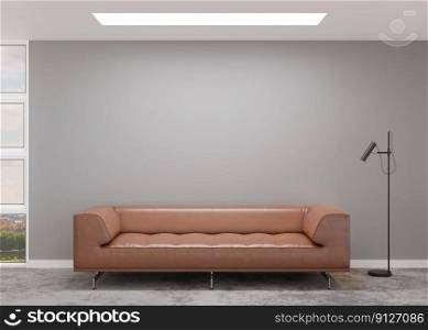 Empty gray wall in modern living room. Mock up interior in contemporary style. Copy space for picture, poster. Template for artwork. Brown leather sofa, concrete floor. Leather furniture. 3D render. Empty gray wall in modern living room. Mock up interior in contemporary style. Copy space for picture, poster. Template for artwork. Brown leather sofa, concrete floor. Leather furniture. 3D render.