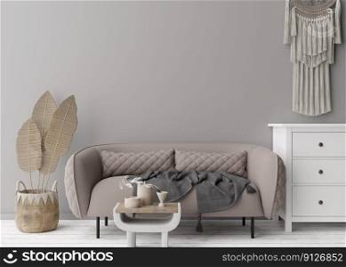 Empty gray wall in modern living room. Mock up interior in scandinavian, boho style. Free, copy space for your picture, text, or another design. Sofa, console, macrame, rattan basket. 3D rendering. Empty gray wall in modern living room. Mock up interior in scandinavian, boho style. Free, copy space for your picture, text, or another design. Sofa, console, macrame, rattan basket. 3D rendering.