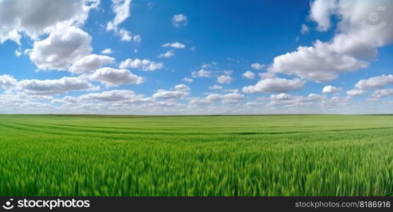 Empty green field and blue sky with rare clouds. Generative AI.. Empty green field and blue sky with rare clouds. Generative AI