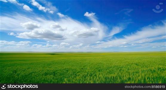 Empty green field and blue sky with rare clouds. Generative AI.. Empty green field and blue sky with rare clouds. Generative AI