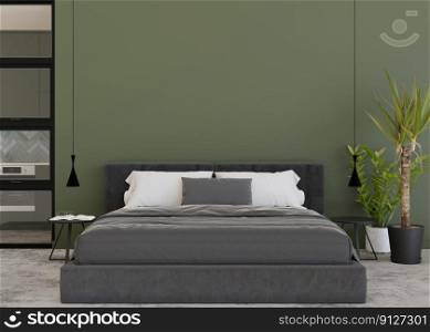 Empty green wall in modern and cozy bedroom. Mock up interior in contemporary style. Free, copy space for your picture, text, or another design. Bed, plants, lamps. 3D rendering. Empty green wall in modern and cozy bedroom. Mock up interior in contemporary style. Free, copy space for your picture, text, or another design. Bed, plants, lamps. 3D rendering.