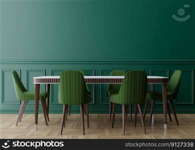 Empty green wall in modern dining room. Mock up interior in classic style. Free space, copy space for your picture, text, or another design. Dinig table with green chairs, parquet floor. 3D rendering. Empty green wall in modern dining room. Mock up interior in classic style. Free space, copy space for your picture, text, or another design. Dinig table with green chairs, parquet floor. 3D rendering.