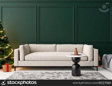 Empty green wall in modern living room with Christmas decoration. Mock up interior in classic style. Copy space for your picture, poster. Template for artwork. Cozy Christmas interior. 3D rendering. Empty green wall in modern living room with Christmas decoration. Mock up interior in classic style. Copy space for your picture, poster. Template for artwork. Cozy Christmas interior. 3D rendering.