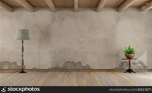 Empty grunge room. Empty grunge room with old wall hardwood floor and wooden ceiling - 3d rendering