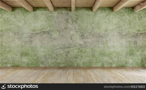 Empty grunge room. Empty grunge room with old wall, hardwood floor and roof beams - 3d rendering