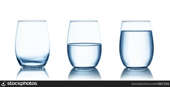 Empty,half and full water glasses . Isolated on white