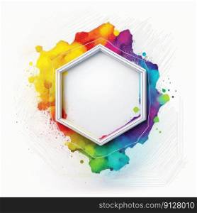 Empty hexagon frame on white background. Concept of overlapped mystery colorful watercolor box. Finest generative AI.. Empty hexagon frame on white background.