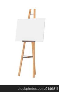 Empty horizontal canvas on wooden easel, isolated on white background. Free, copy space for your picture. Artwork presentation. Canvas mock up. Cut out object. 3D rendering. Empty horizontal canvas on wooden easel, isolated on white background. Free, copy space for your picture. Artwork presentation. Canvas mock up. Cut out object. 3D rendering.