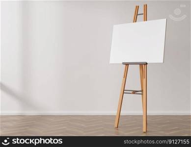 Empty horizontal canvas on wooden easel standing in room. Free, copy space for your picture. Artwork presentation. Canvas mock up. 3D rendering. Empty horizontal canvas on wooden easel standing in room. Free, copy space for your picture. Artwork presentation. Canvas mock up. 3D rendering.