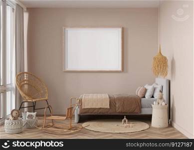 Empty horizontalπcture frame on bei≥wall in modernχld room. Mock up∫erior in boho sty≤. Free,©space for yourπcture. Bed, rattan chair, toys. Cozy room for kids. 3D rendering. Empty horizontalπcture frame on bei≥wall in modernχld room. Mock up∫erior in boho sty≤. Free,©space for yourπcture. Bed, rattan chair, toys. Cozy room for kids. 3D rendering.