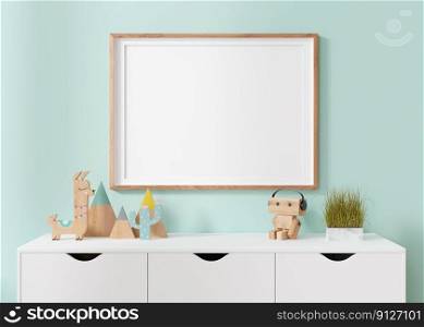 Empty horizontal picture frame hanging on blue wall in modern child room. Frame mock up in contemporary style. Free, copy space for picture, poster. Wooden toys. Close up view. 3D rendering. Empty horizontal picture frame hanging on blue wall in modern child room. Frame mock up in contemporary style. Free, copy space for picture, poster. Wooden toys. Close up view. 3D rendering.