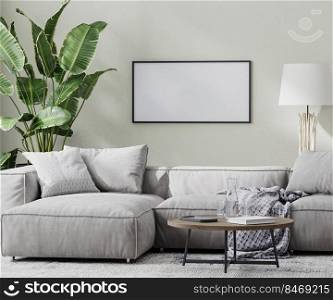 empty horizontal picture frame in modern room with gray sofa and coffee table and tropical plant, 3d rendering