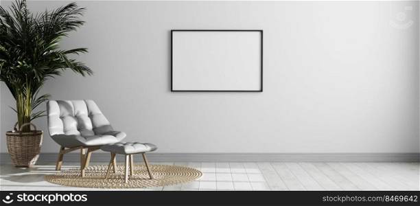 Empty horizontal picture frame mockup in bright modern room interior with gray armchair and palm tree, empty room interior background,  scandinavian style interior room mock up, 3d rendering