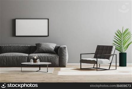 Empty horizontal picture frame mockup in modern living room interior background in gray color with sofa and armchair, gray wall and wooden floor, room interior design, 3d render