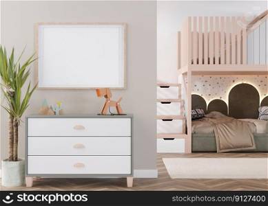 Empty horizontal picture frame on beige wall in modern child room. Mock up interior in contemporary, scandinavian style. Free, copy space for picture. Bed, toys. Cozy room for kids. 3D rendering. Empty horizontal picture frame on beige wall in modern child room. Mock up interior in contemporary, scandinavian style. Free, copy space for picture. Bed, toys. Cozy room for kids. 3D rendering.