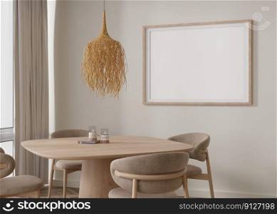 Empty horizontal picture frame on beige wall in modern living room. Mock up interior in boho style. Free, copy space for your picture, poster. Wooden table with chairs, candles. 3D rendering. Empty horizontal picture frame on beige wall in modern living room. Mock up interior in boho style. Free, copy space for your picture, poster. Wooden table with chairs, candles. 3D rendering.
