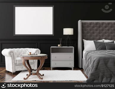 Empty horizontal picture frame on black wall in modern bedroom. Mock up interior in classic style. Free, copy space for your picture, poster. Template for your artwork. Bed, armchair. 3D rendering. Empty horizontal picture frame on black wall in modern bedroom. Mock up interior in classic style. Free, copy space for your picture, poster. Template for your artwork. Bed, armchair. 3D rendering.